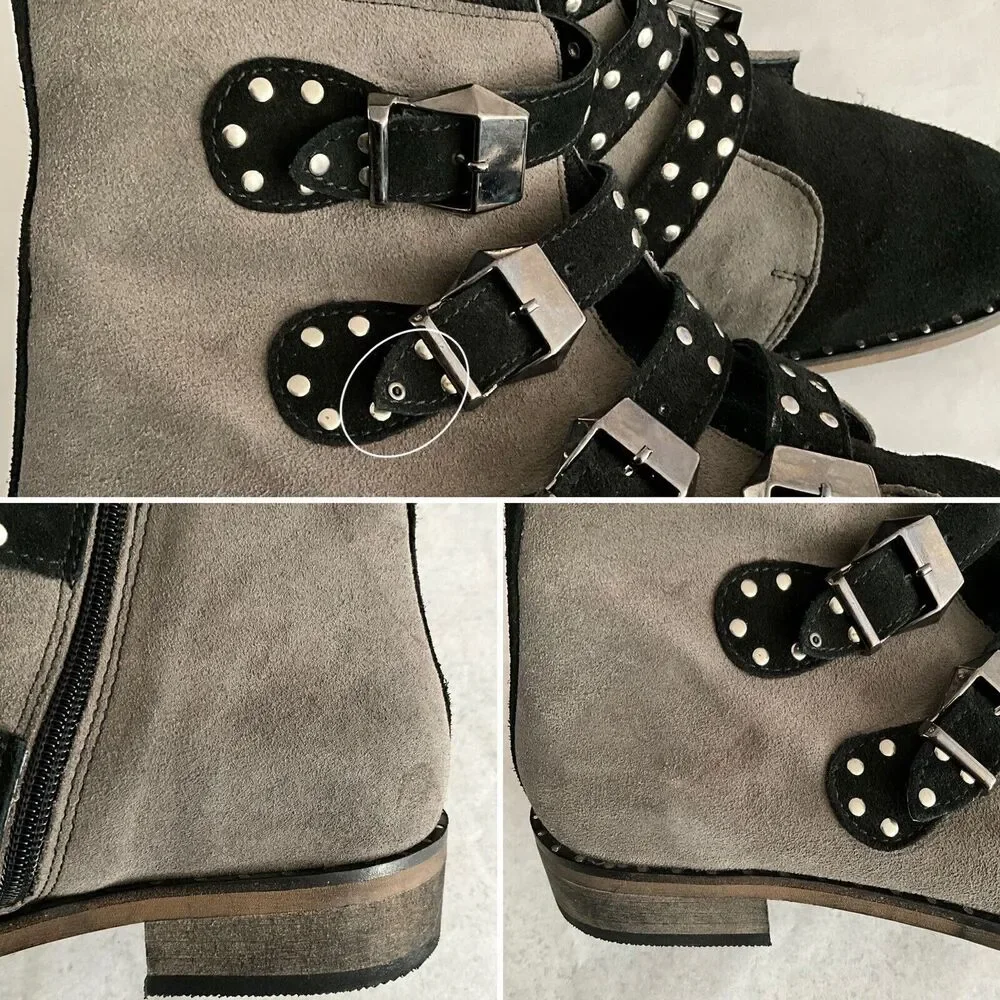 Girotti Suede Quad Buckle Studded Bootie Gray Black 41